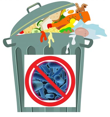 Trash can with a no microbes label on it